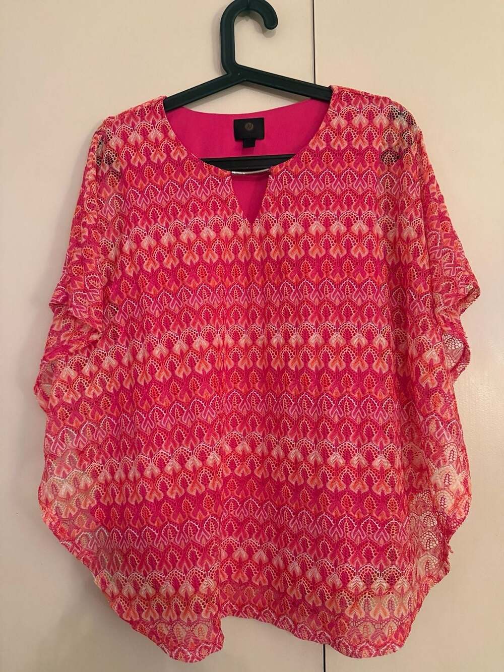 JM Collection Women's Crocheted Overlay Keyhole Neck Poncho Top Pink/Orange SM